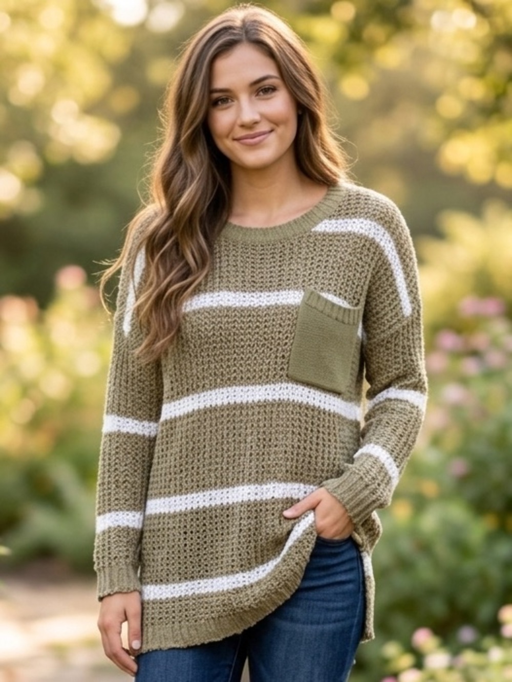 Altar'd State Beige & White Striped Knit Pocket Sweater